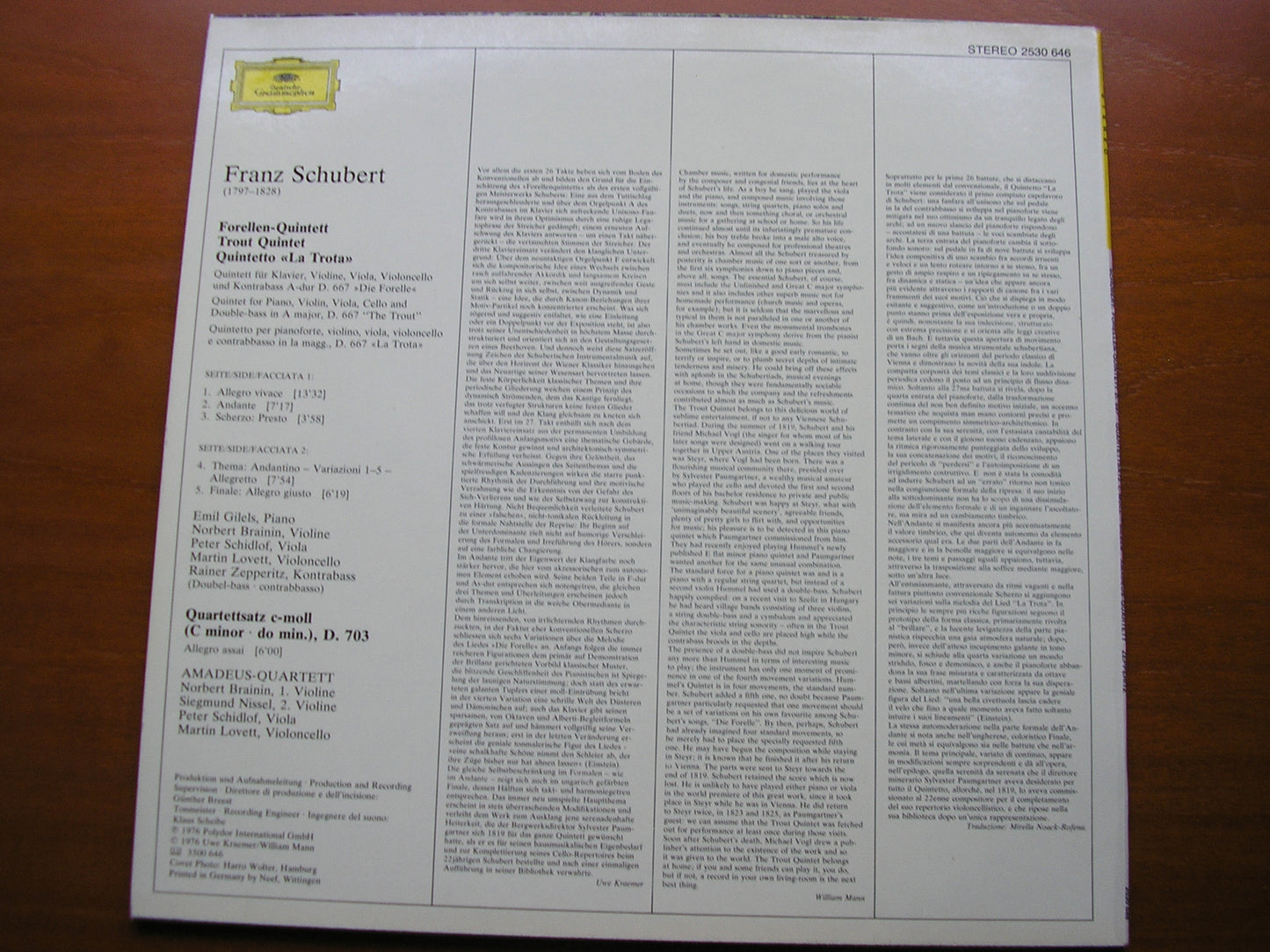 SCHUBERT: TROUT QUINTET / QUARTETTSATZ D.703 GILELS / AMADEUS QUARTET / ZEPPERITZ 2530 646