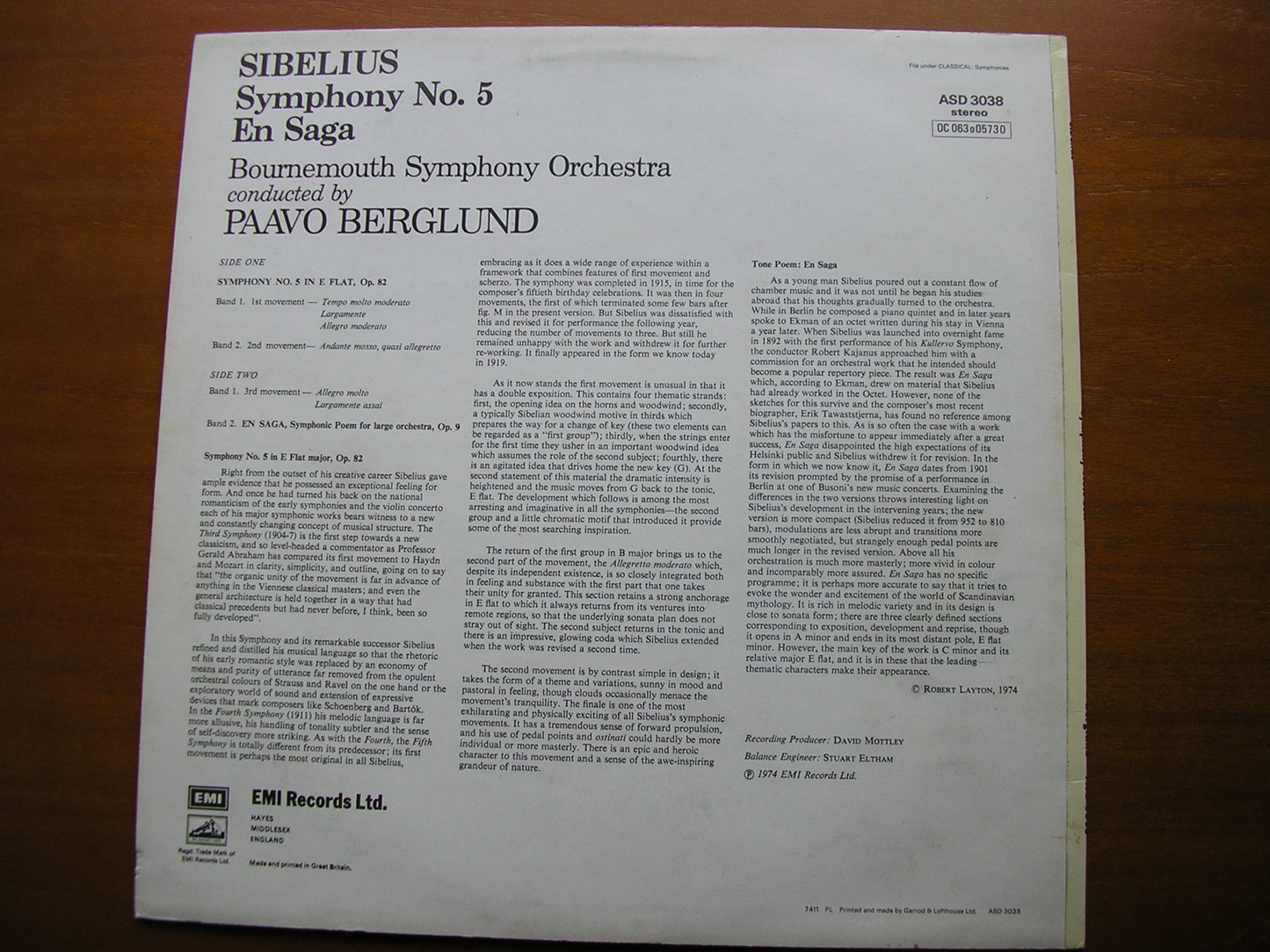 SIBELIUS: SYMPHONY No. 5 / EN SAGA BERGLUND / BOURNEMOUTH SYMPHONY ASD 3038