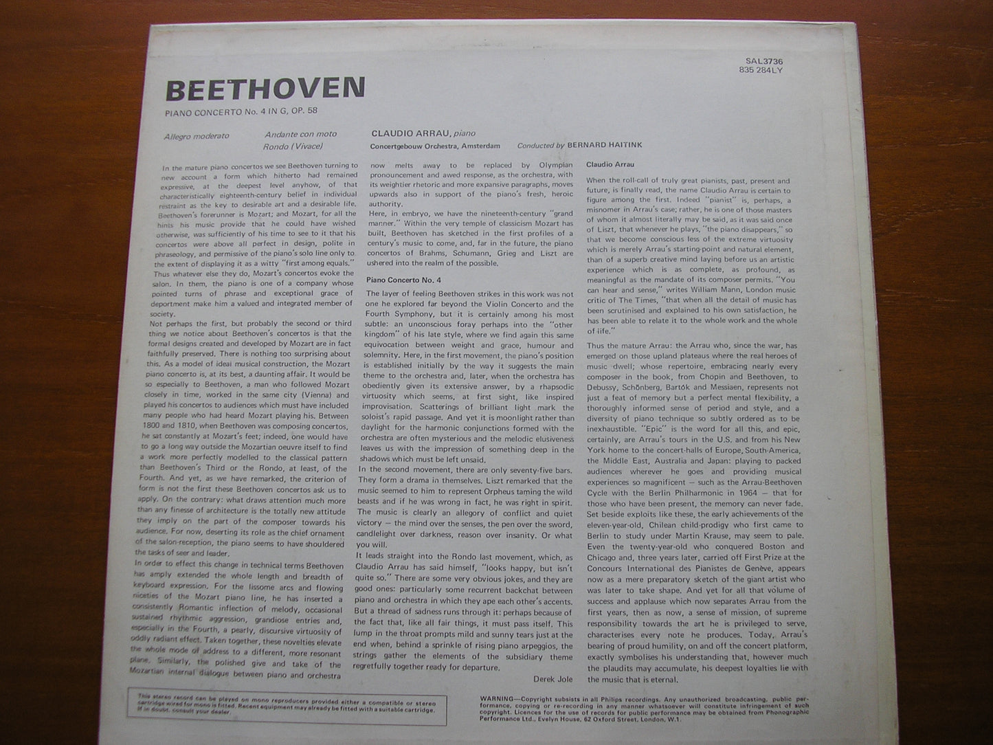 BEETHOVEN: PIANO CONCERTO No. 4     ARRAU / CONCERTGEBOUW / HAITINK     SAL 3736
