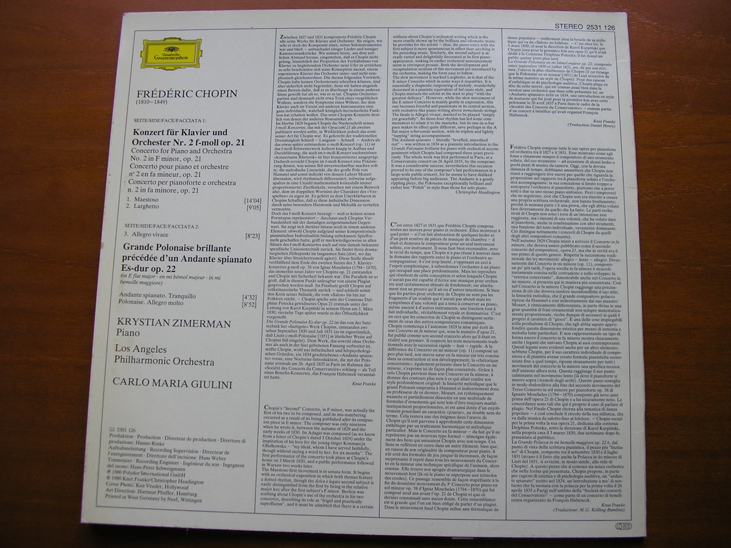 CHOPIN: PIANO CONCERTO No. 2 / GRANDE POLONAISE ZIMERMAN / LOS ANGELES PHILHARMONIC / GIULINI 2531 126