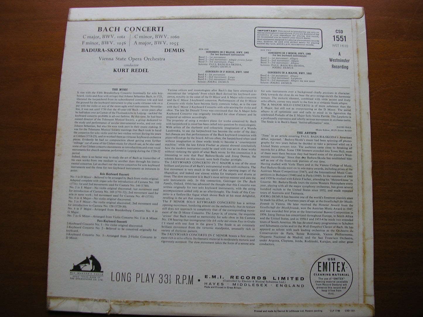 BACH: KEYBOARD CONCERTOS BWV 1055 / 1056 / 1060 / 1061 DEMUS / BADURA-SKODA / VIENNA STATE OPERA ORCHESTRA / KURT REDEL CSD 1551