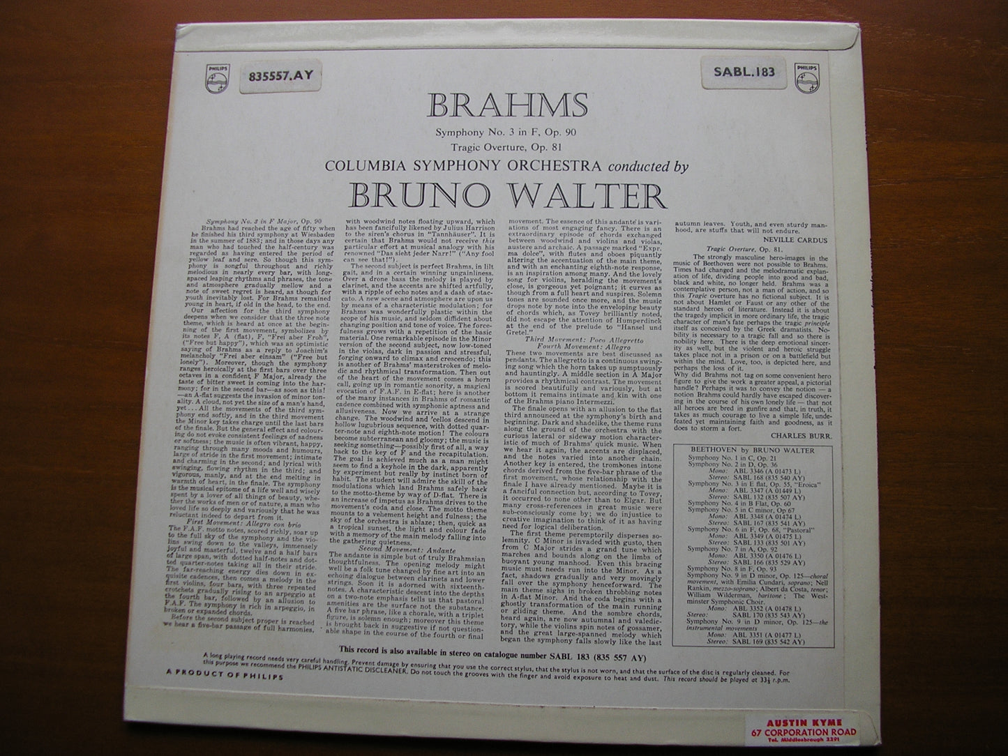BRAHMS: SYMPHONY No. 3 / TRAGIC OVERTURE BRUNO WALTER / COLUMBIA SYMPHONY SABL 183