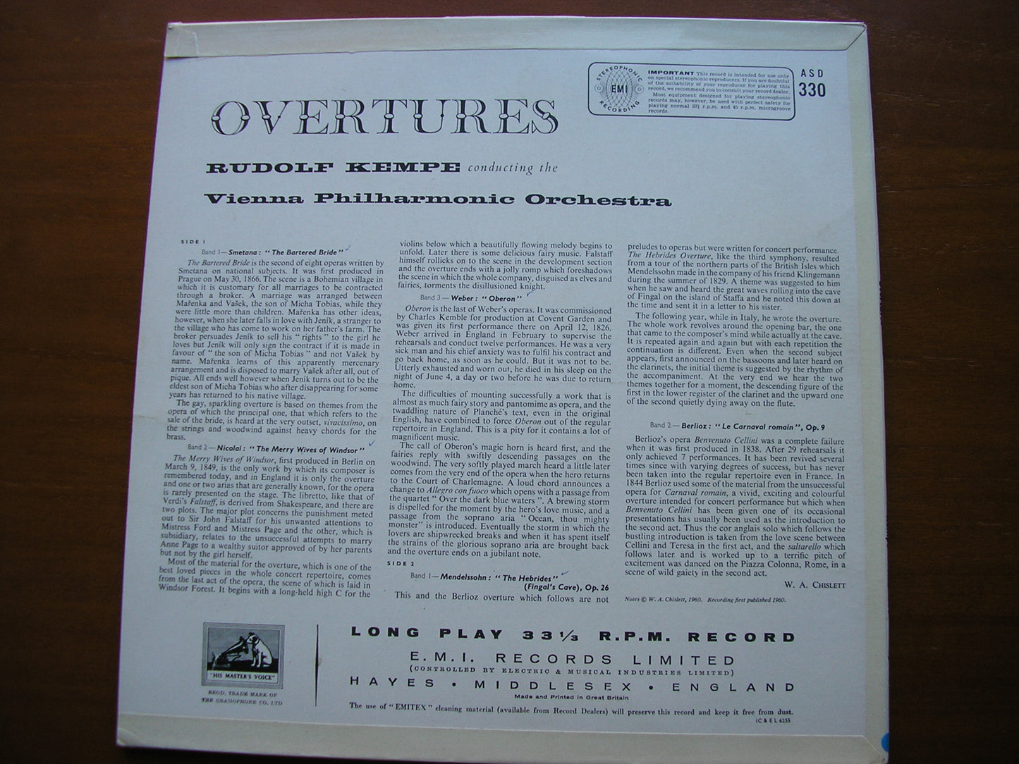 OVERTURES: WEBER / BERLIOZ / NICOLAI / SMETANA / MENDELSSOHN KEMPE / VIENNA PHILHARMONIC ASD 330