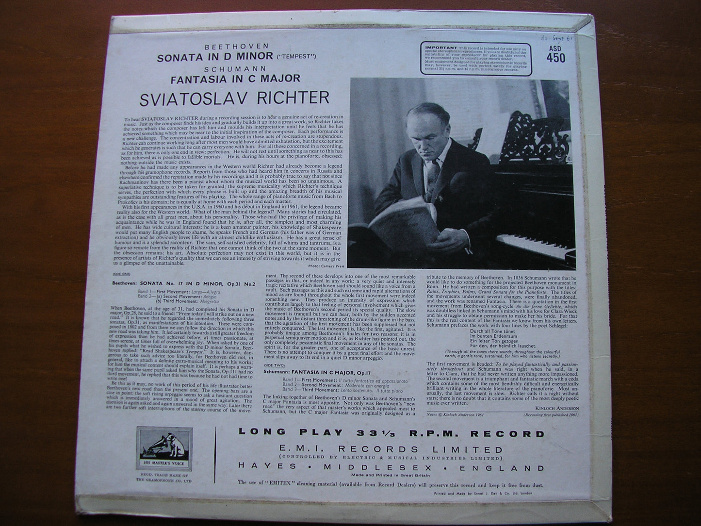 BEETHOVEN: PIANO SONATA No. 17 'Tempest' / SCHUMANN: FANTASIA in C SVIATOSLAV RICHTER ASD 450