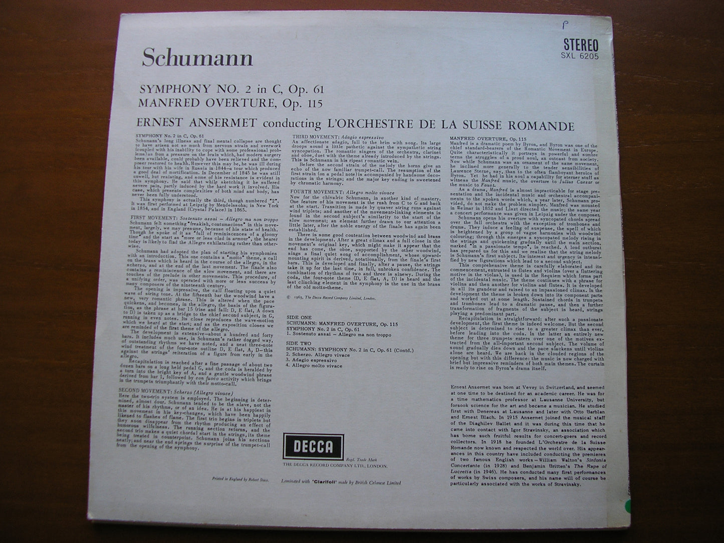 ANSERMET CONDUCTS SCHUMANN: SYMPHONY No. 2 / MANFRED OVERTURE ANSERMET / SUISSE ROMANDE SXL 6205