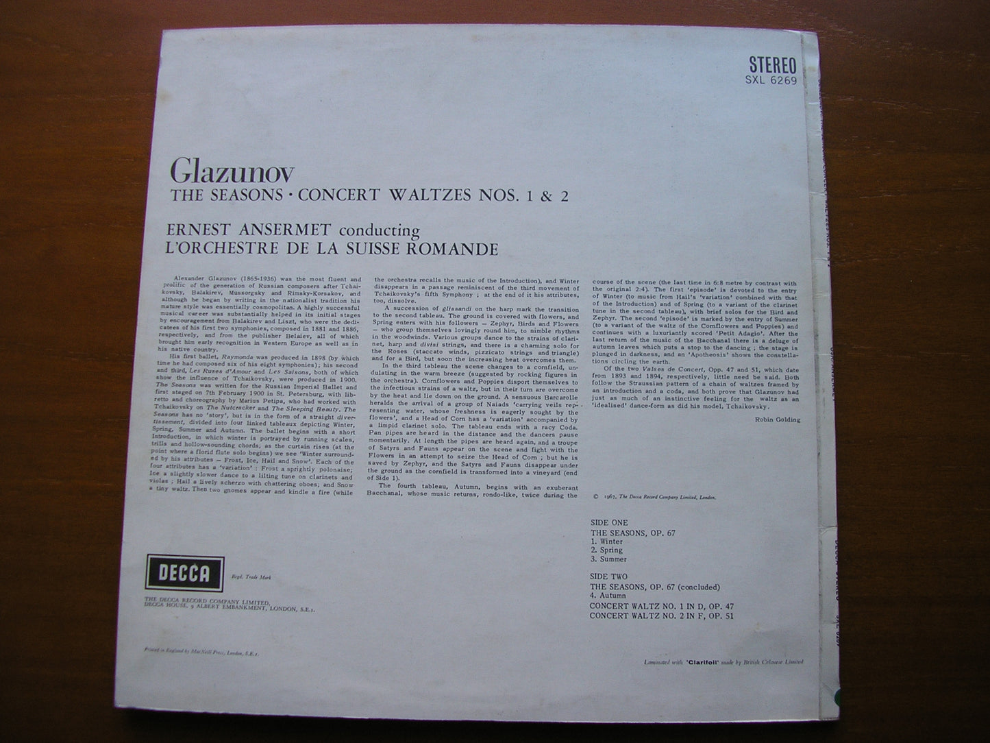 ANSERMET CONDUCTS GLAZUNOV: THE SEASONS / CONCERT WALTZES ANSERMET / SUISSE ROMANDE SXL 6269