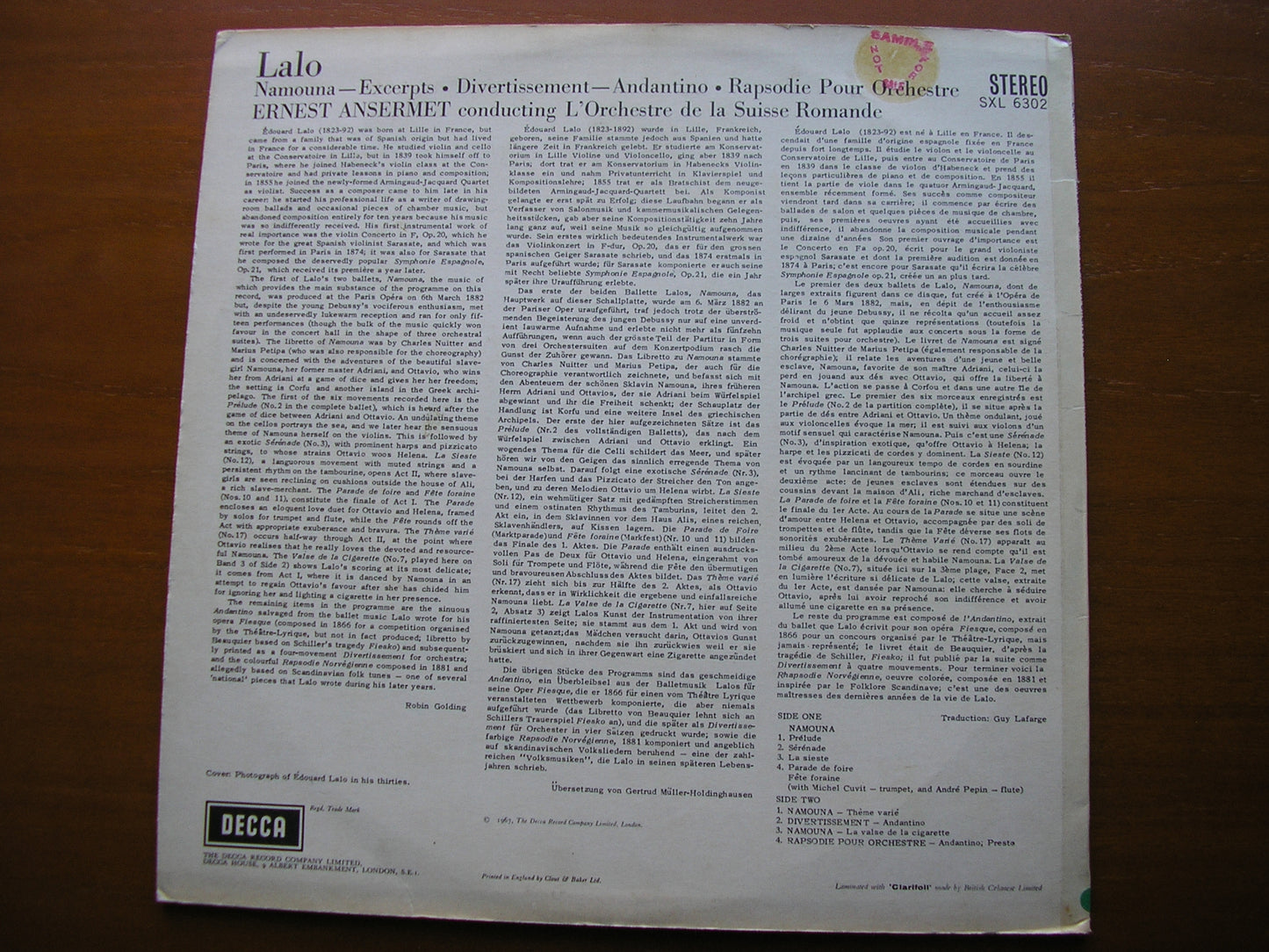 ANSERMET CONDUCTS LALO: NAMOUNA / DIVERTISSEMENT / RAPSODIE    ANSERMET / SUISSE ROMANDE    SXL 6302