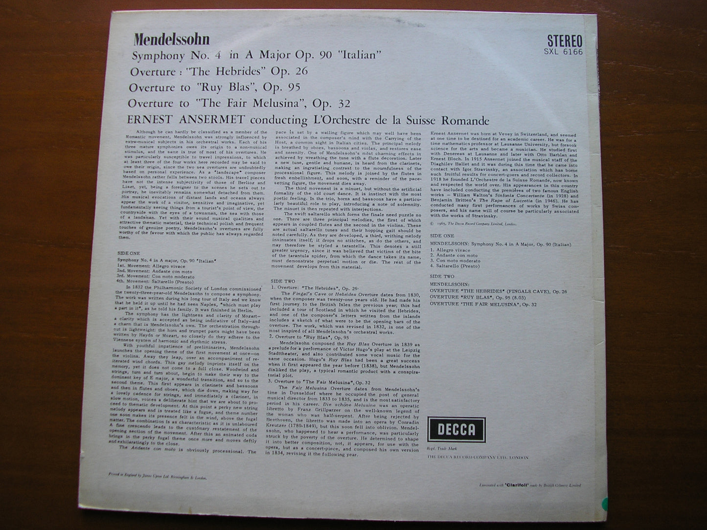 ANSERMET CONDUCTS MENDELSSOHN: SYMPHONY No. 4 / OVERTURES ANSERMET / SUISSE ROMANDE SXL 6166