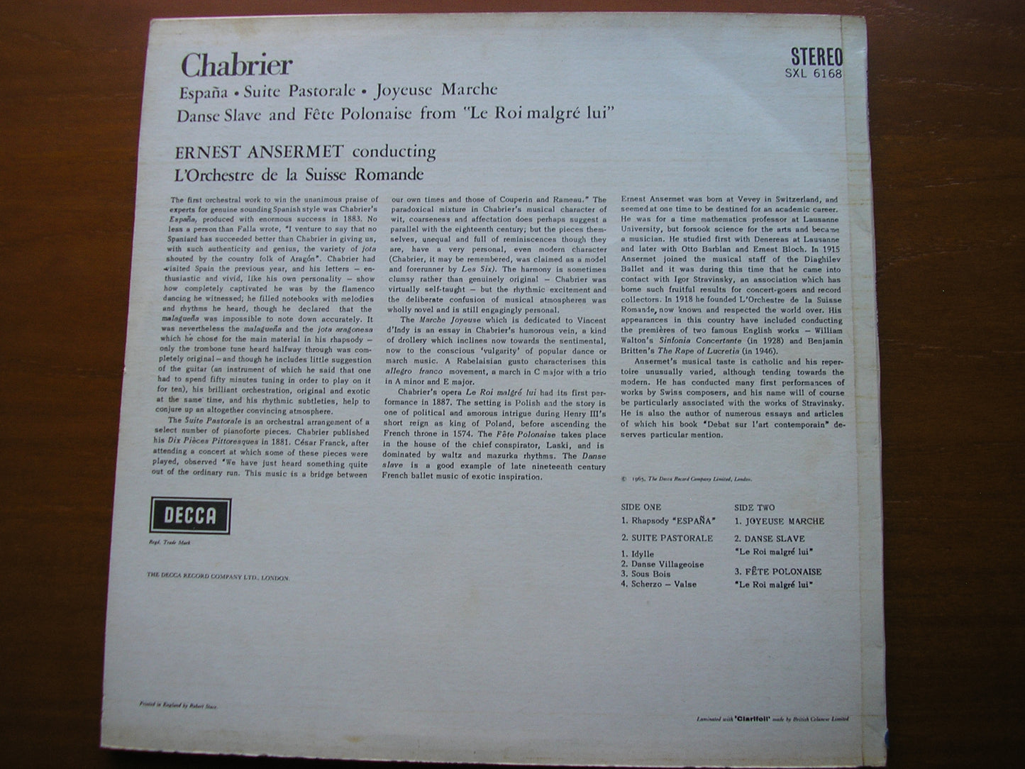 ANSERMET CONDUCTS CHABRIER: ESPANA / JOYEUSE MARCHE / SUITE PASTORALE ANSERMET / SUISSE ROMANDE SXL 6168