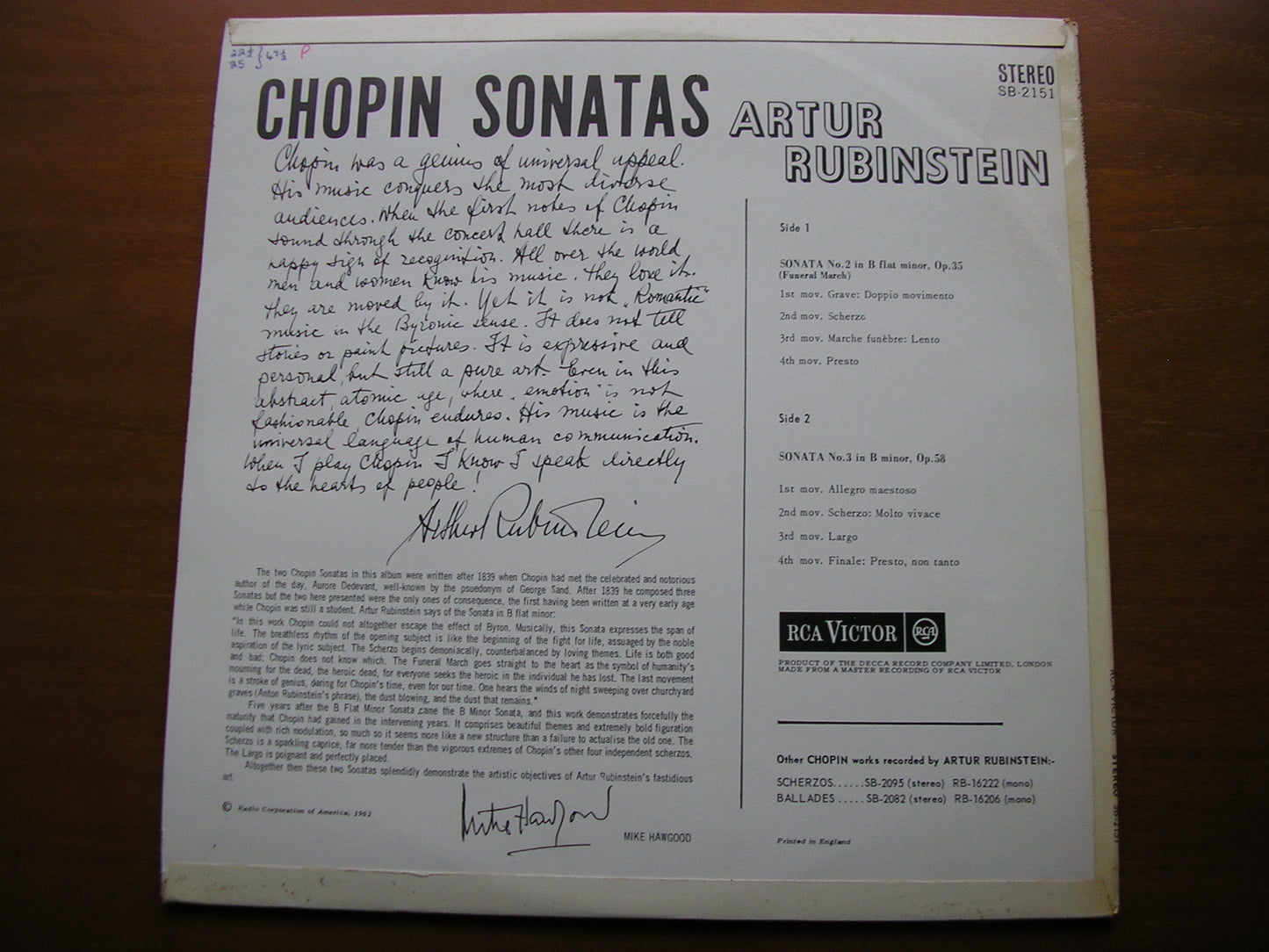 CHOPIN: PIANO SONATAS Nos. 2 & 3 ARTUR RUBINSTEIN SB 2151