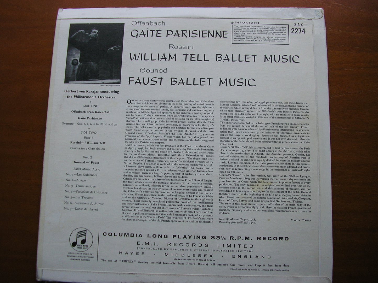 OFFENBACH: GAITE PARISIENNE / GOUNOD: FAUST Ballet Music / ROSSINI: WILLIAM TELL Ballet Music KARAJAN / PHILHARMONIA SAX 2274