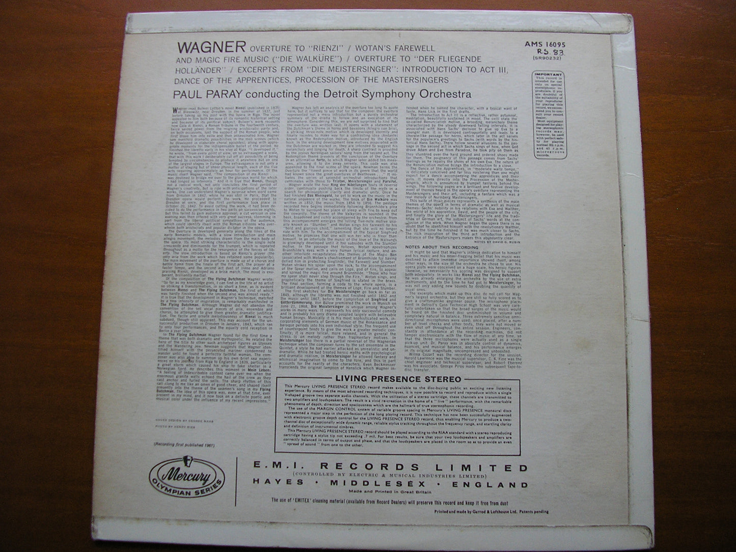WAGNER: ORCHESTRAL MUSIC PAUL PARAY / DETROIT SYMPHONY AMS 16095