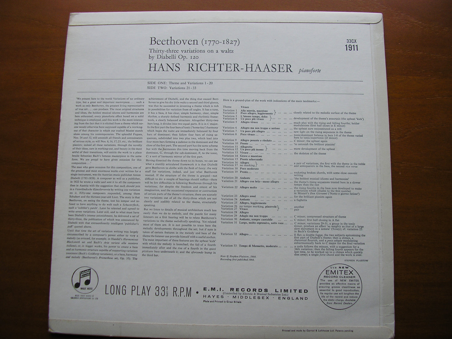 BEETHOVEN: DIABELLI VARIATIONS HANS RICHTER - HAASER 33CX 1911