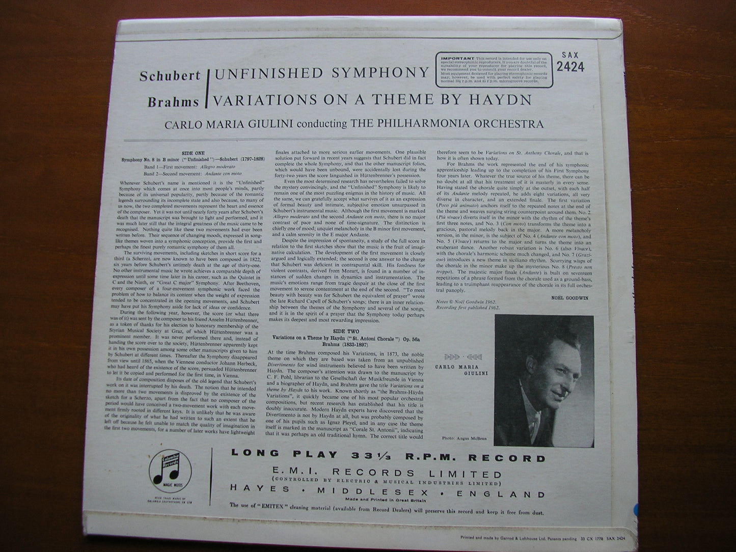 SCHUBERT: UNFINISHED SYMPHONY / BRAHMS: VARIATIONS ON A THEME BY HAYDN / GIULINI SAX 2424