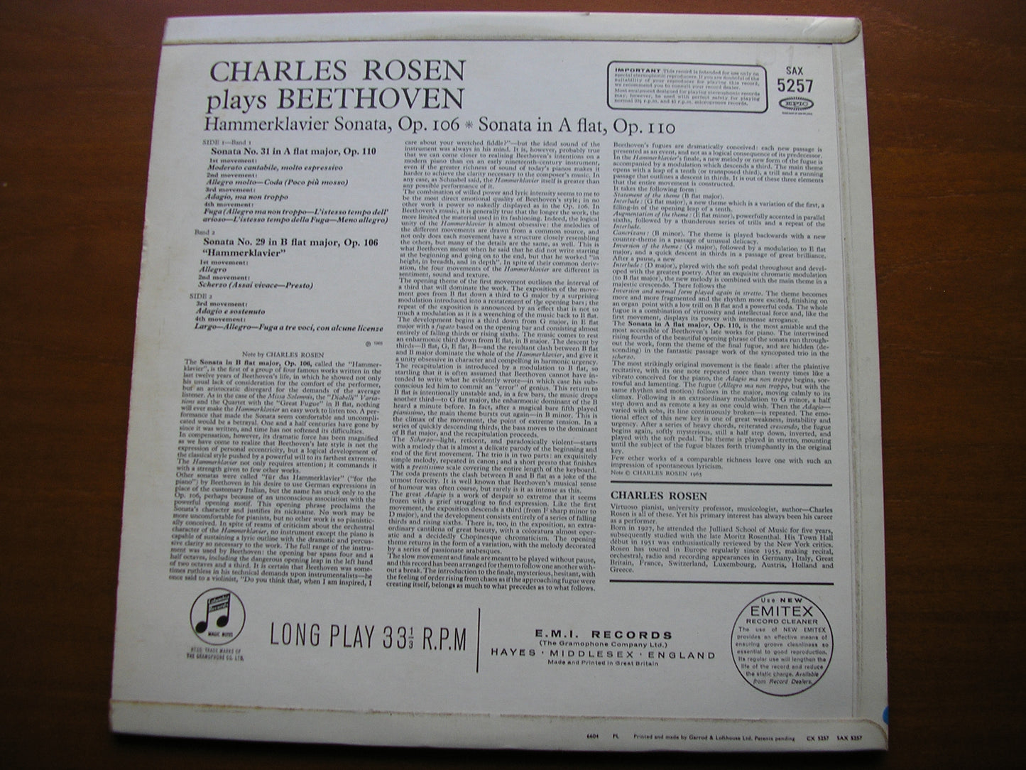 SAX 5257 BEETHOVEN: PIANO SONATAS Nos. 29 'Hammerklavier' & 31 CHARLES ROSEN