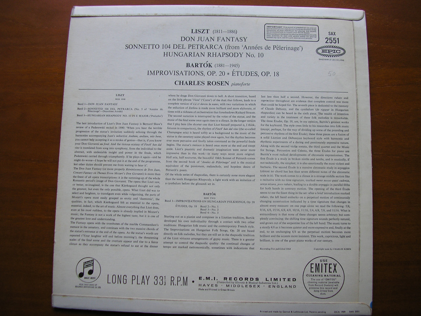 LISZT: DON JUAN FANTASY / BARTOK: ETUDES / IMPROVISATIONS     CHARLES ROSEN     SAX 2551