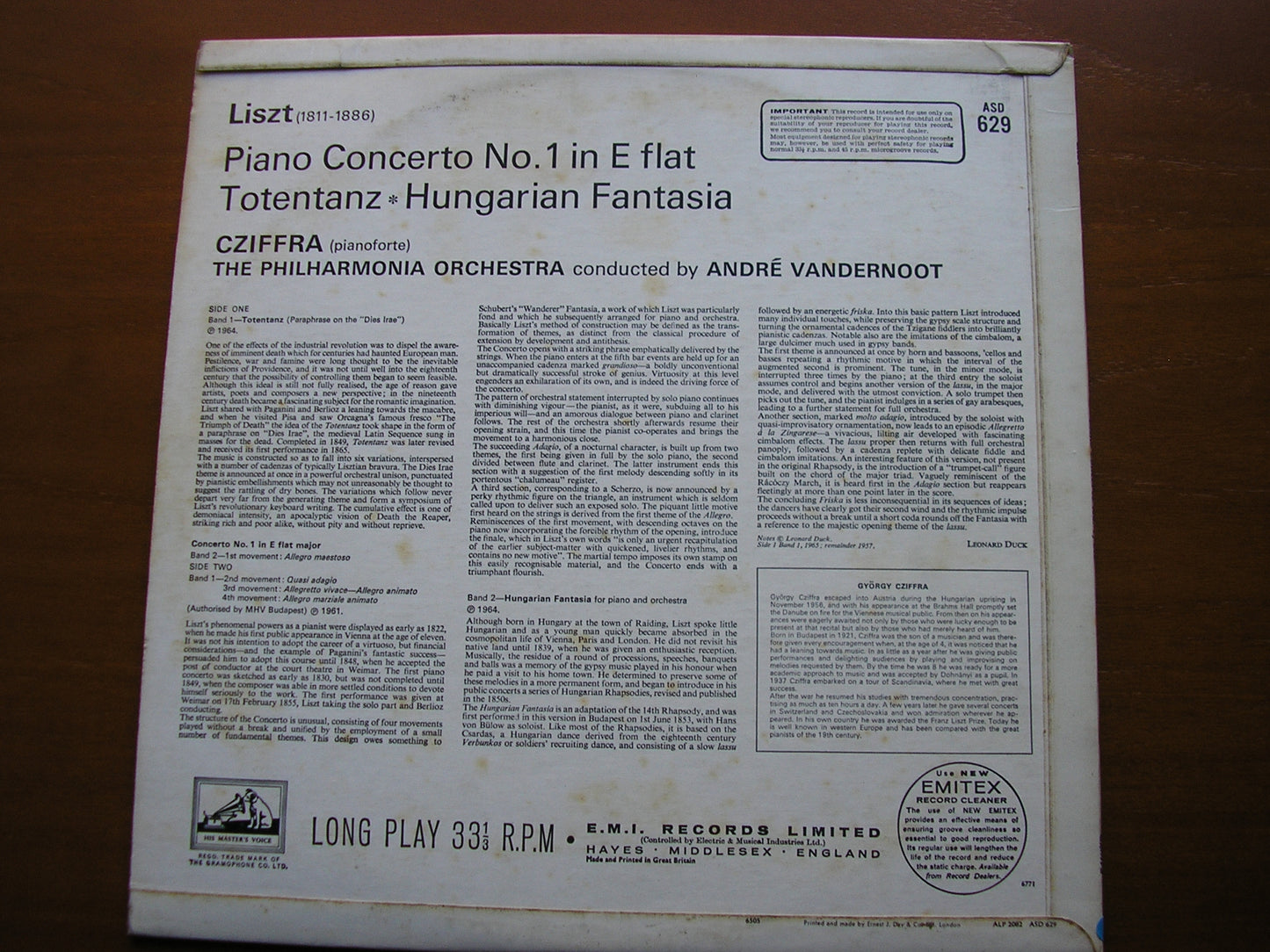 LISZT: PIANO CONCERTO NO. 1 / TOTENTANZ / HUNGARIAN FANTASIA CZIFFRA / PHILHARMONIA / VANDERNOOT ASD 629