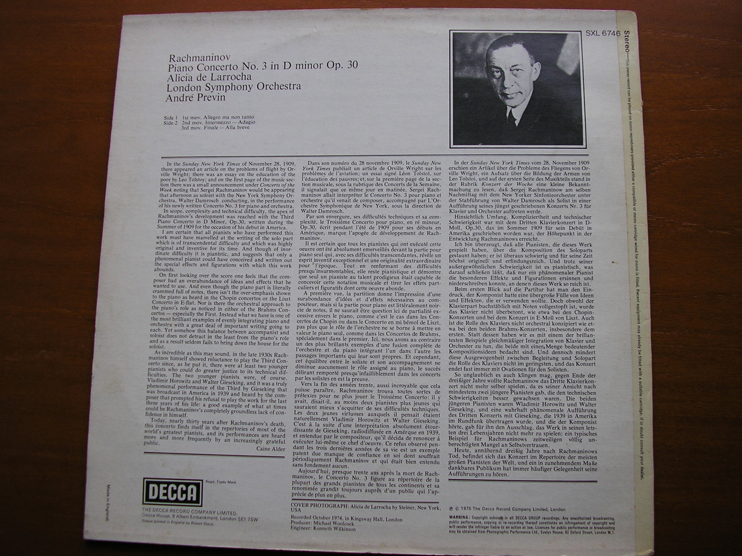 RACHMANINOV: PIANO CONCERTO No. 3 LARROCHA / LONDON SYMPHONY / PREVIN SXL 6746
