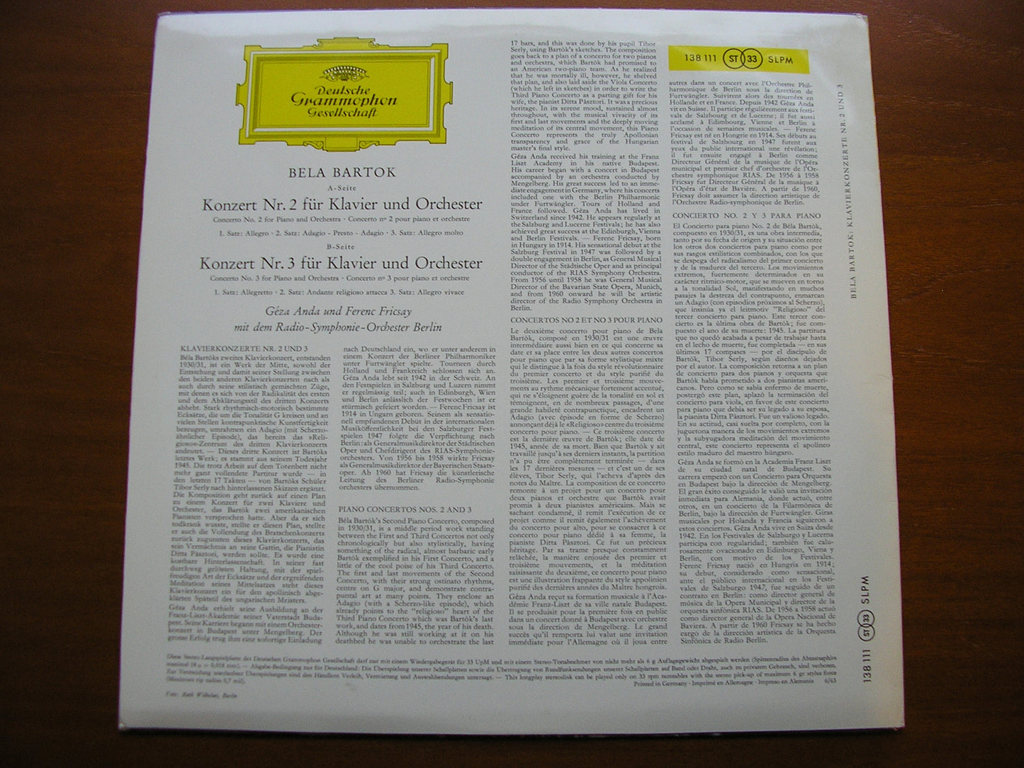 BARTOK: PIANO CONCERTOS Nos. 1 - 3 / RHAPSODY    GEZA ANDA / BERLIN RADIO SYMPHONY / FERENC FRICSAY   138 111 / 138 708