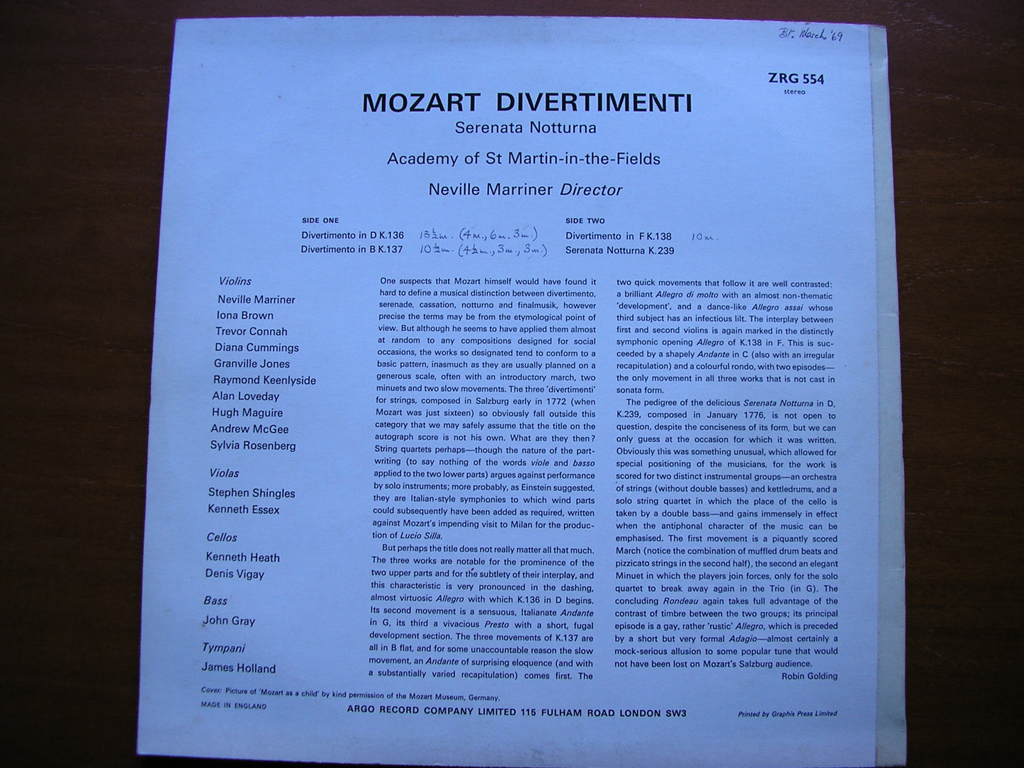 MOZART: THREE DIVERTIMENTI K136 - 138 / SERENATA NOTTURNA MARRINER / ASMIF ZRG 554