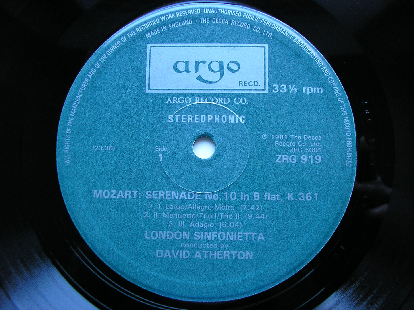 MOZART: SERENADE No. 10 in B K361 ATHERTON / LONDON SINFONIETTA ZRG 919