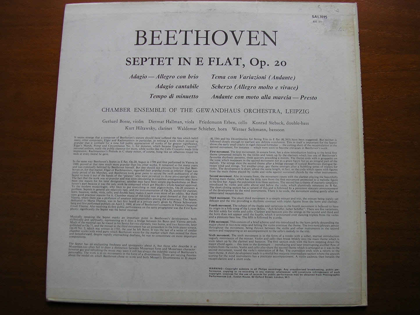 BEETHOVEN: SEPTET Op. 20 LEIPZIG GEWANDHAUS CHAMBER ENSEMBLE SAL 3595