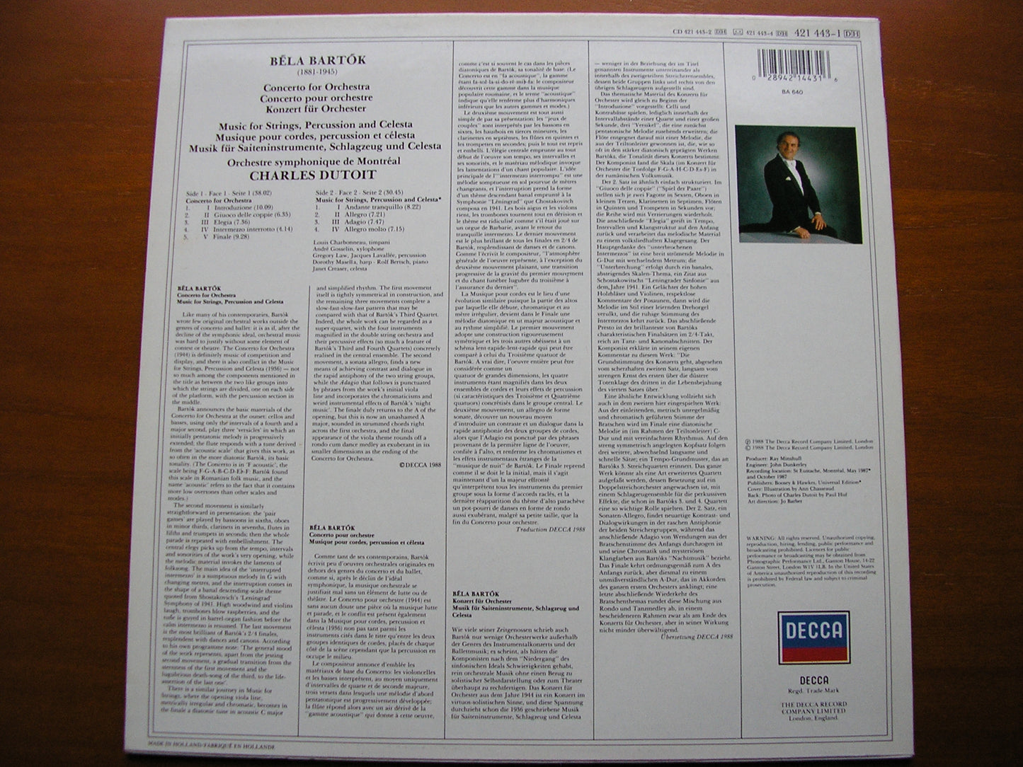 BARTOK: CONCERTO FOR ORCHESTRA / MUSIC FOR STRINGS, PERCUSSION & CELESTA DUTOIT / MONTREAL SYMPHONY 421 443