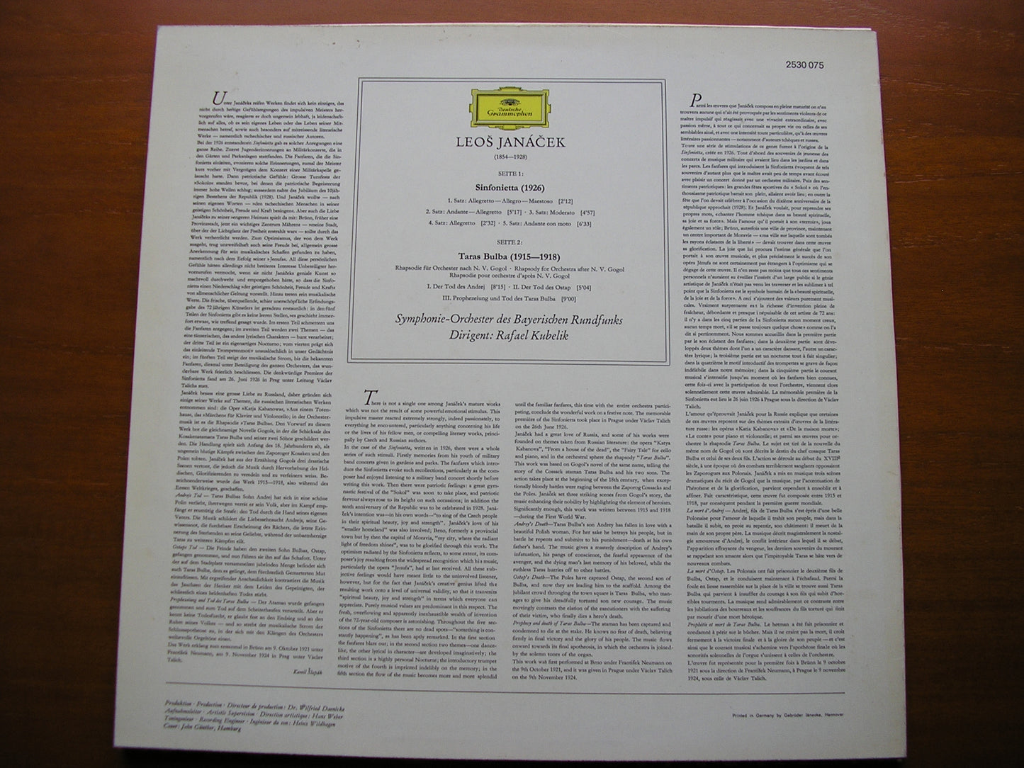 JANACEK: SINFONIETTA / TARAS BULBA KUBELIK / BAVARIAN RADIO SYMPHONY 2530 075