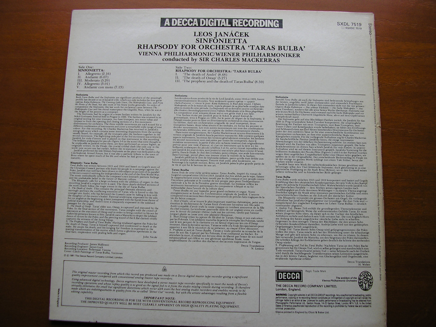 JANACEK: SINFONIETTA / TARAS BULBA    MACKERRAS / VIENNA PHILHARMONIC  SXDL 7519