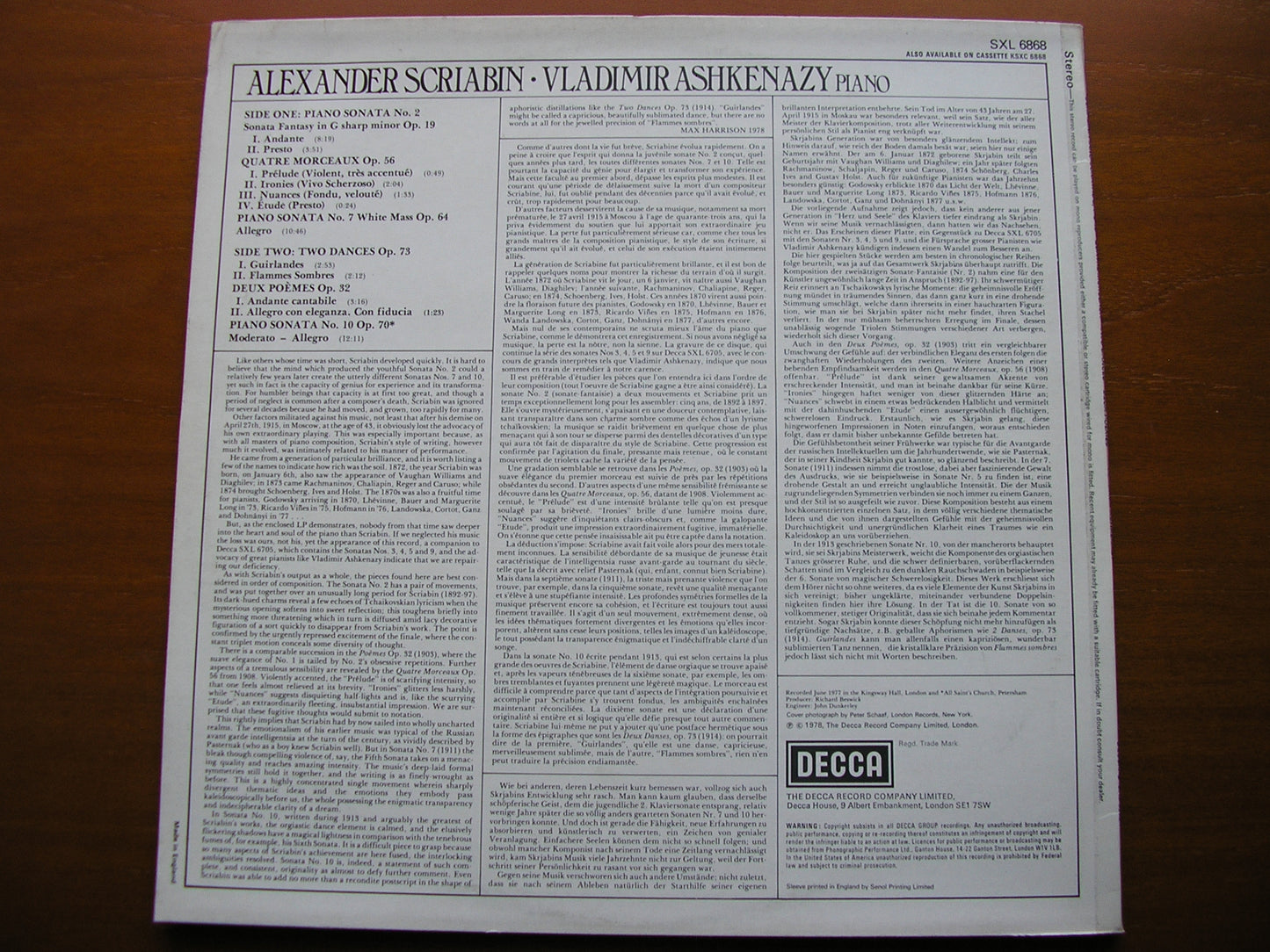 SCRIABIN: PIANO SONATAS Nos. 2 / 7 /10 / QUATRE MORCEAUX / DEUX POEMES / TWO DANCES     VLADIMIR ASHKENAZY   SXL 6868