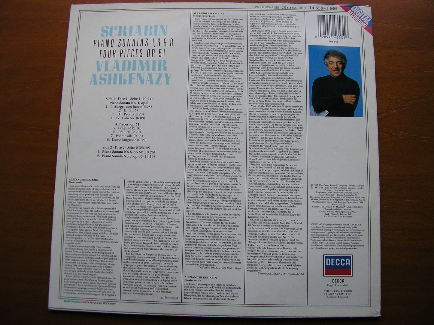 SCRIABIN: PIANO SONATAS Nos. 1 / 6 / 8 / FOUR PIECES Op. 51    ASHKENAZY    414 353