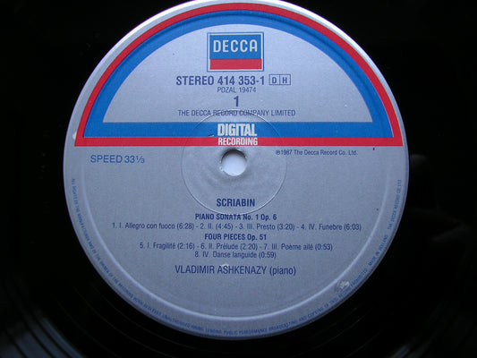 SCRIABIN: PIANO SONATAS Nos. 1 / 6 / 8 / FOUR PIECES Op. 51 ASHKENAZY 414 353