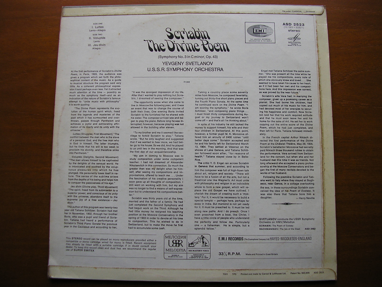 SCRIABIN: THE DIVINE POEM    YEVGENY SVETLANOV / USSR SYMPHONY     ASD 2523