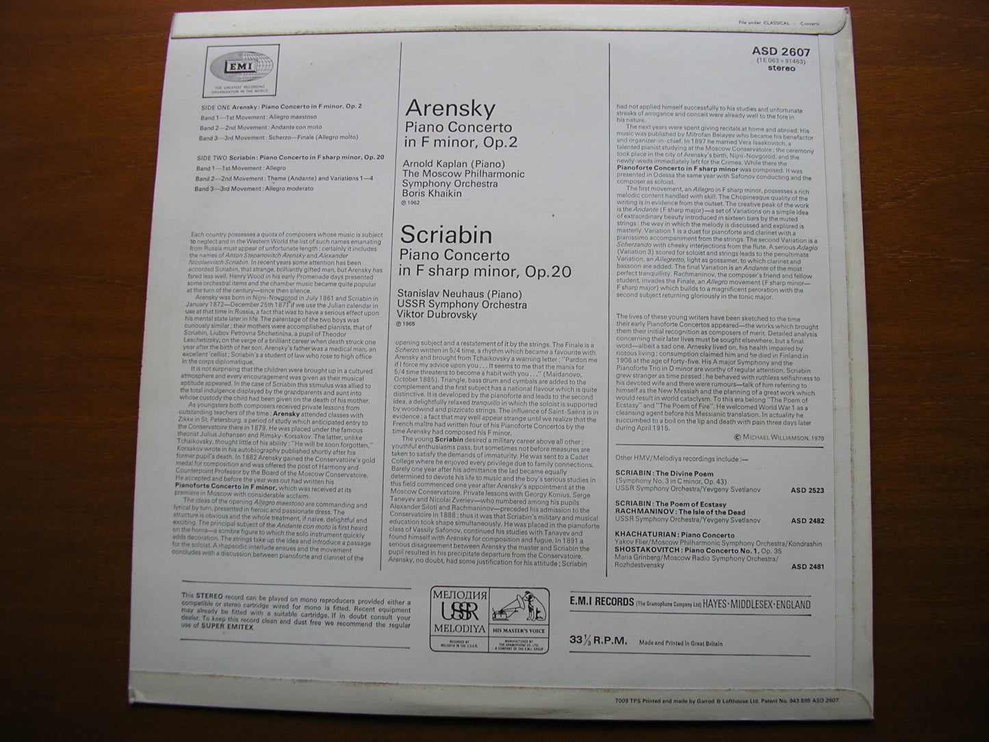 ARENSKY: PIANO CONCERTO / SCRIABIN: PIANO CONCERTO KAPLAN / NEUHAUS / USSRSO / KHAIKIN / DUBROVSKY ASD 2607