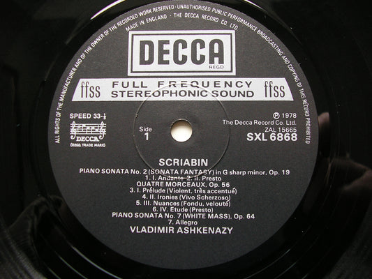 SCRIABIN: PIANO SONATAS Nos. 2 / 7 /10 / QUATRE MORCEAUX / DEUX POEMES / TWO DANCES     VLADIMIR ASHKENAZY   SXL 6868