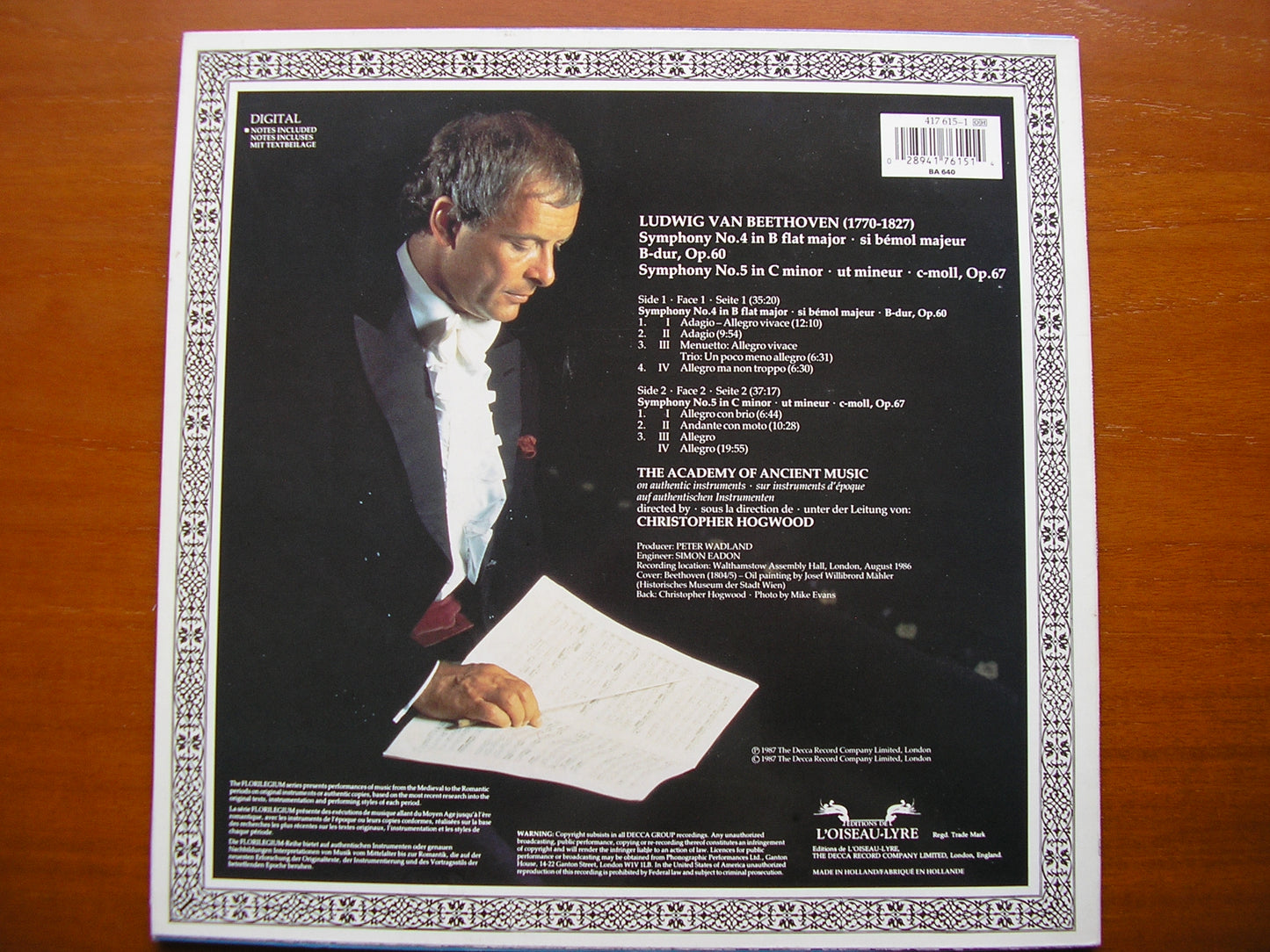 BEETHOVEN: SYMPHONIES Nos. 4 & 5 HOGWOOD / ACADEMY OF ANCIENT MUSIC 417 615