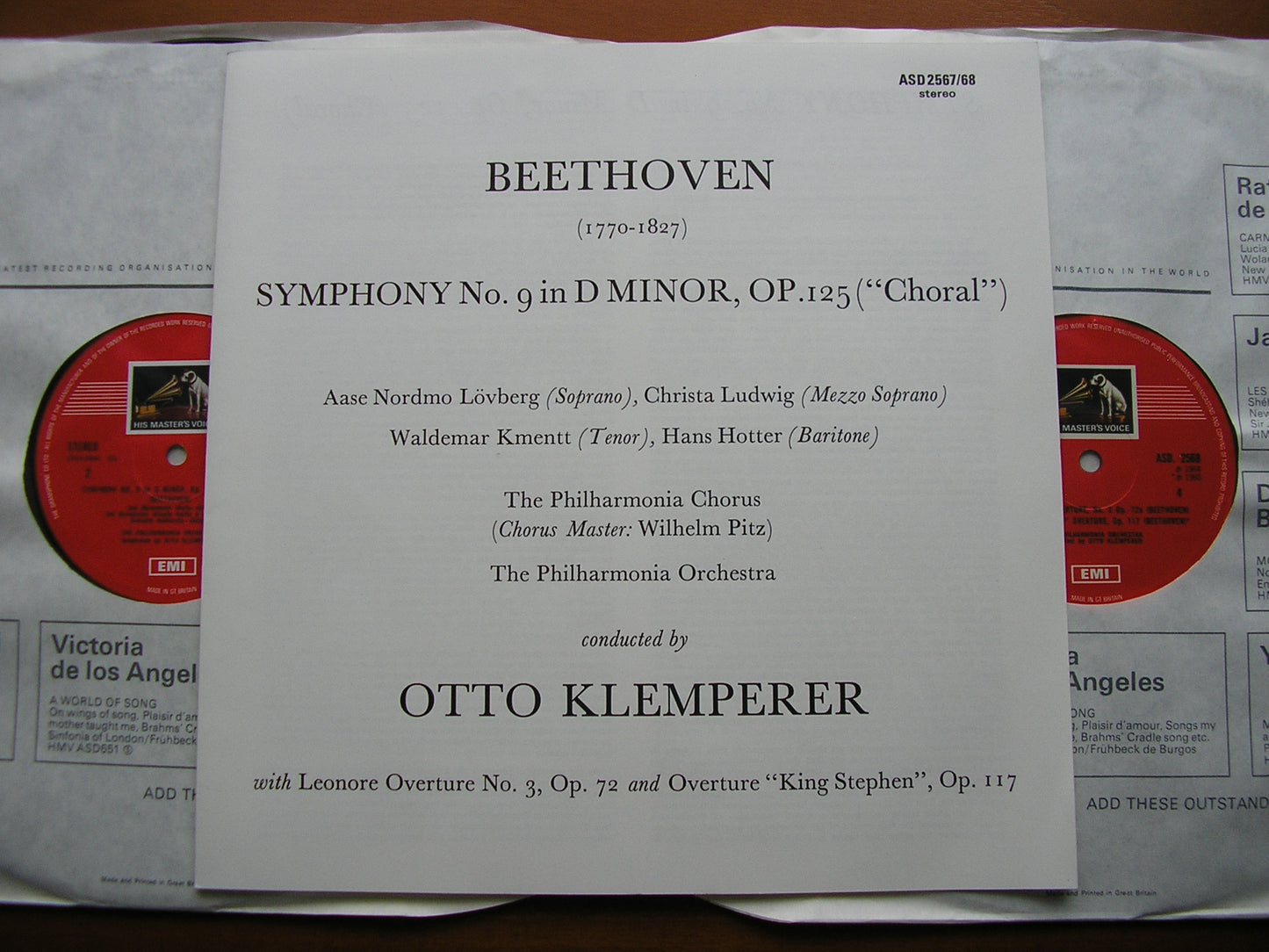 BEETHOVEN: SYMPHONY No. 9 / OVERTURES Leonora No. 3 / King Stephen SOLOISTS / PHILHARMONIA / KLEMPERER 2 LP SLS 798