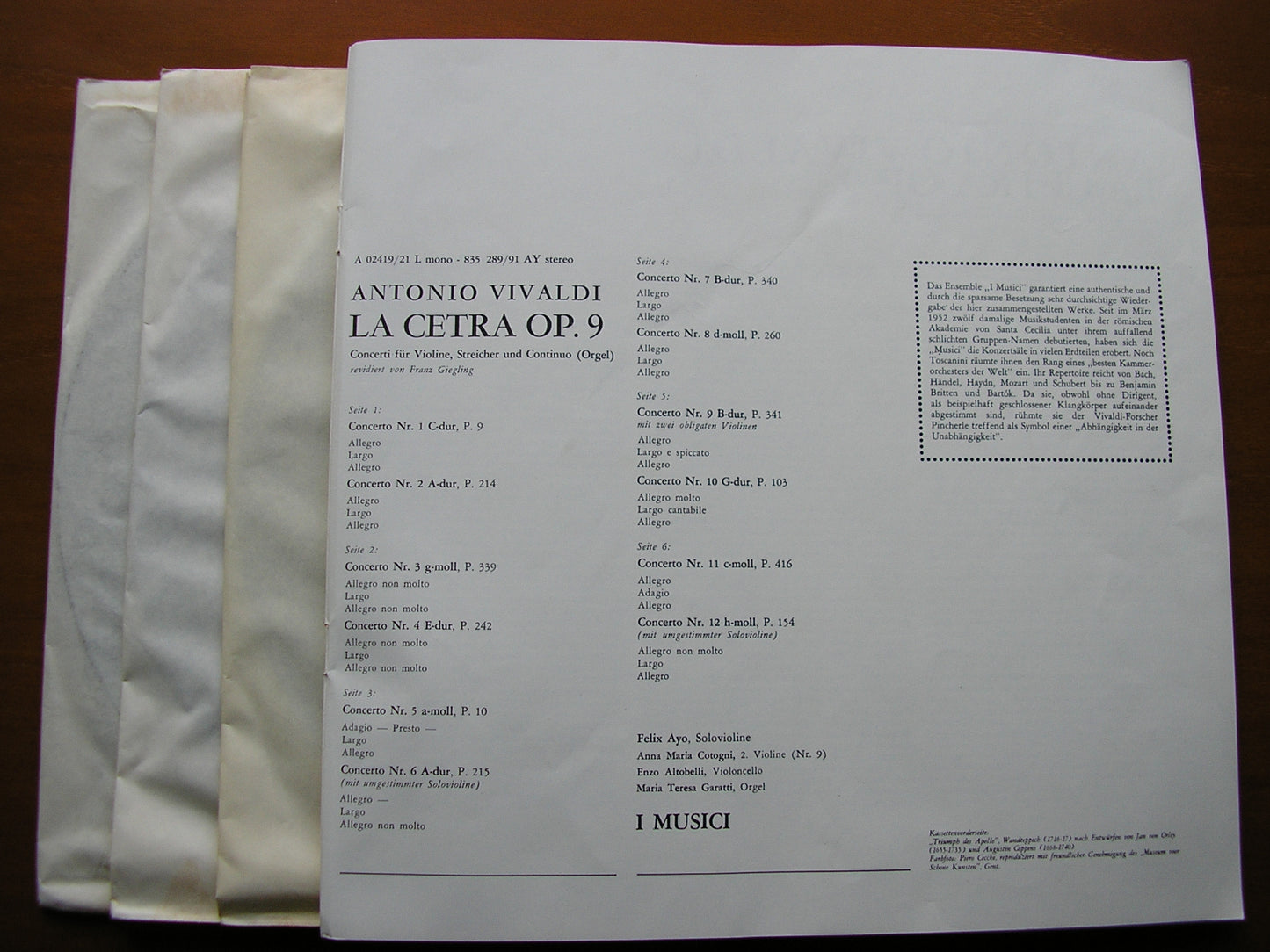 VIVALDI: LA CETRA 12 CONCERTOS Op. 9 FELIX AYO / I MUSICI 3 LP SAL 3542 - 4