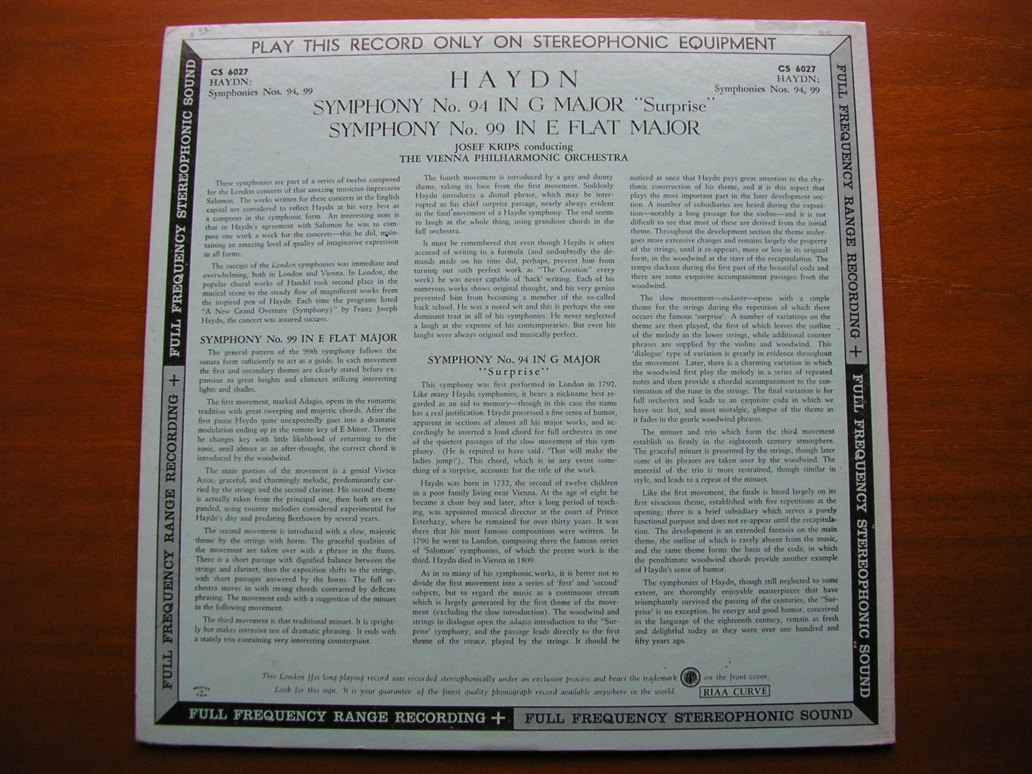 HAYDN: SYMPHONIES Nos. 94 & 99 KRIPS / VIENNA PHILHARMONIC CS 6027