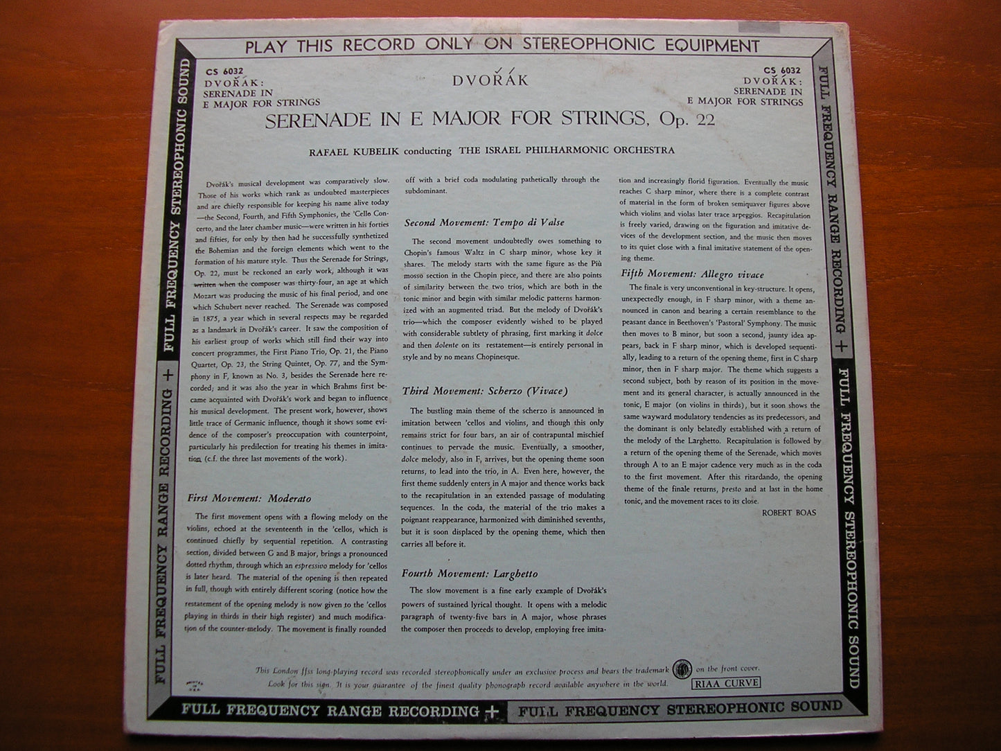 DVORAK: SERENADE FOR STRINGS KUBELIK / ISRAEL PHILHARMONIC ORCHESTRA CS 6032