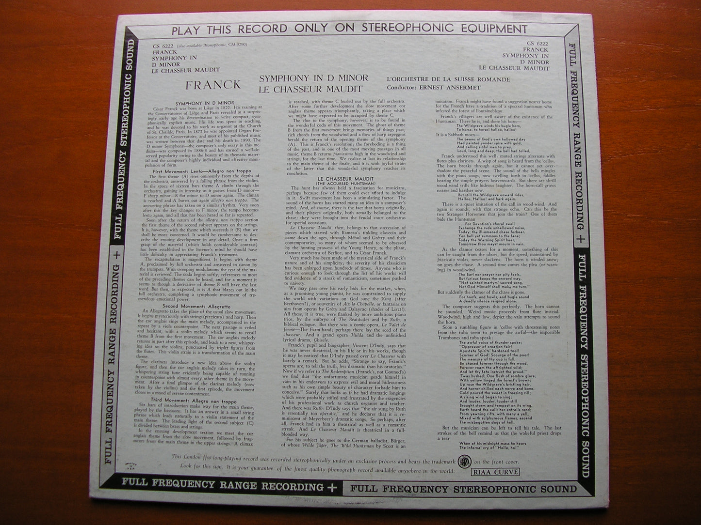 FRANCK: SYMPHONY in D / LE CHASSEUR MAUDIT ANSERMET / SUISSE ROMANDE ORCHESTRA CS 6222