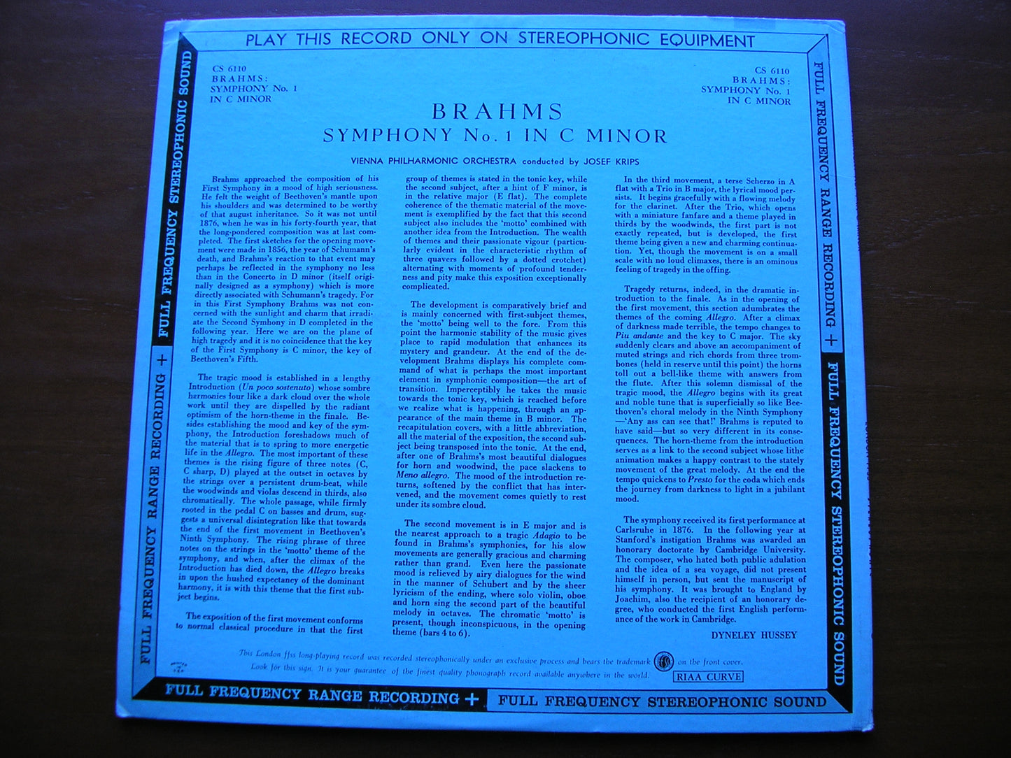 BRAHMS: SYMPHONY No. 1 KRIPS / VIENNA PHILHARMONIC CS 6110