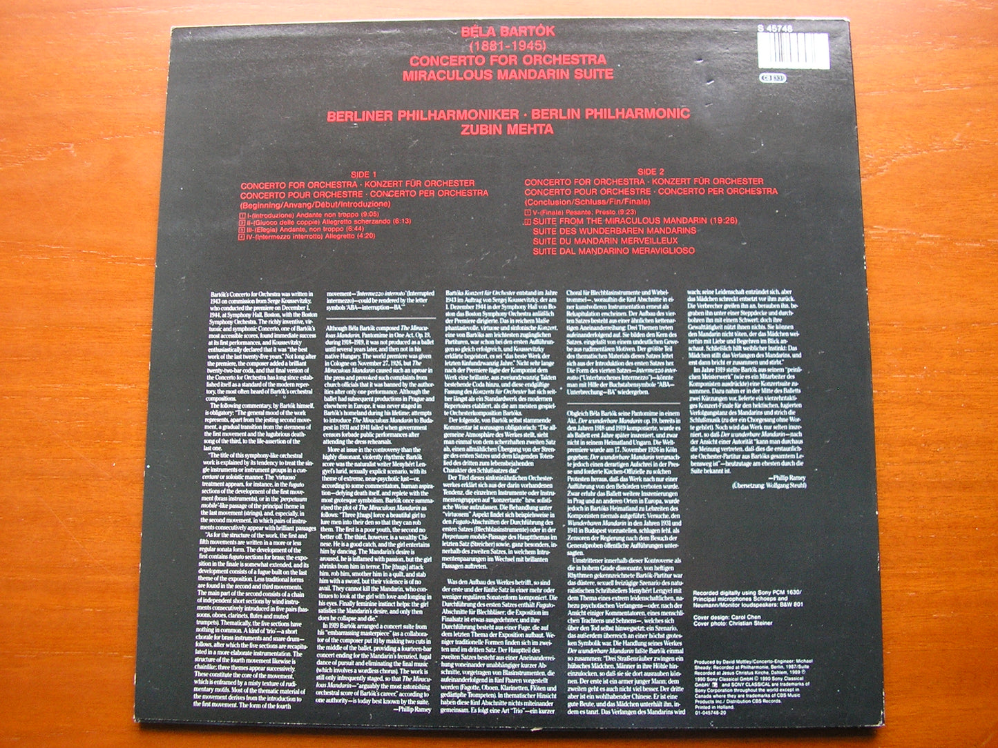 BARTOK: CONCERTO FOR ORCHESTRA / MIRACULOUS MANDARIN    MEHTA / BERLIN PHILHARMONIC   S 45748