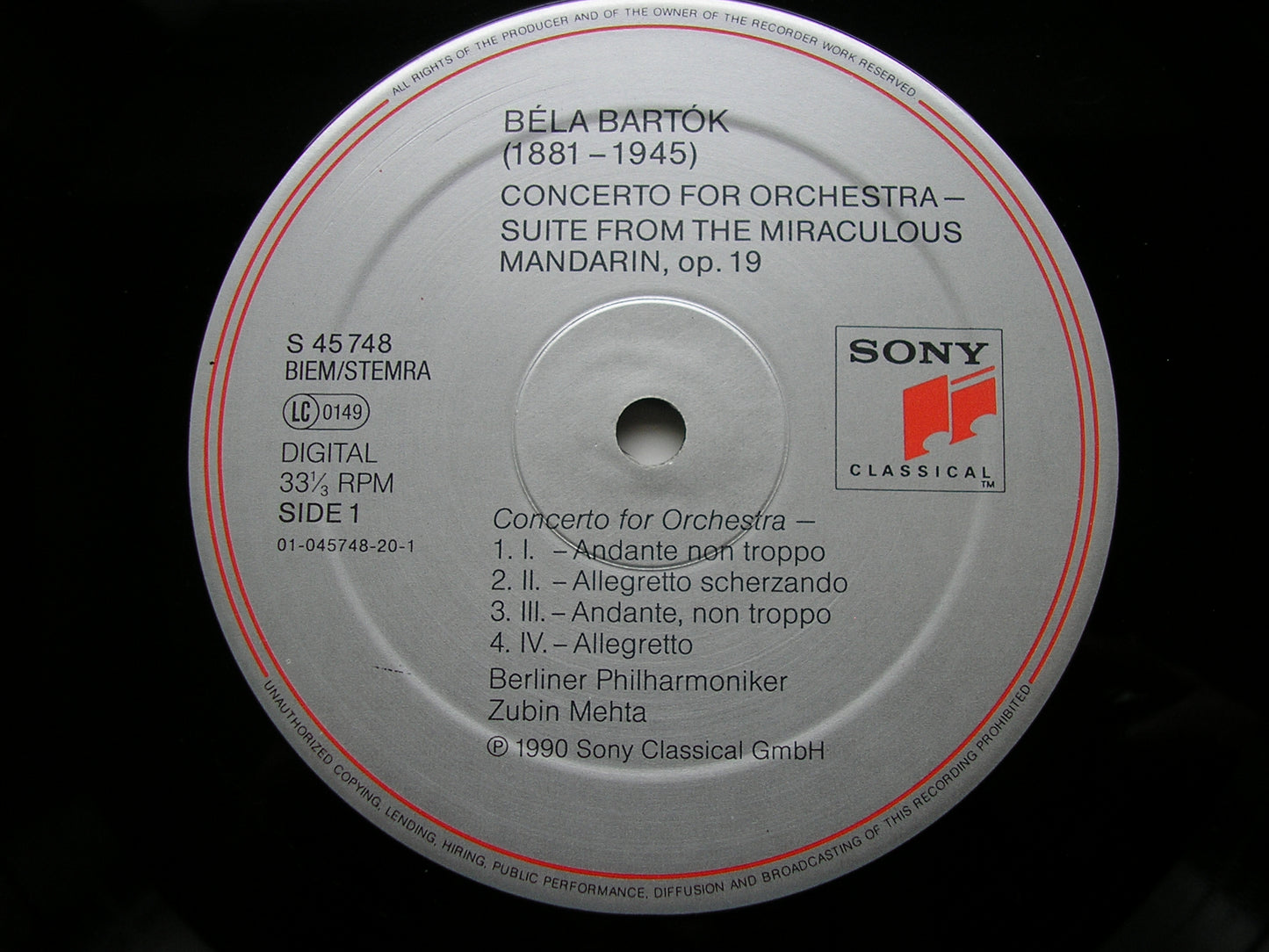 BARTOK: CONCERTO FOR ORCHESTRA / MIRACULOUS MANDARIN    MEHTA / BERLIN PHILHARMONIC   S 45748