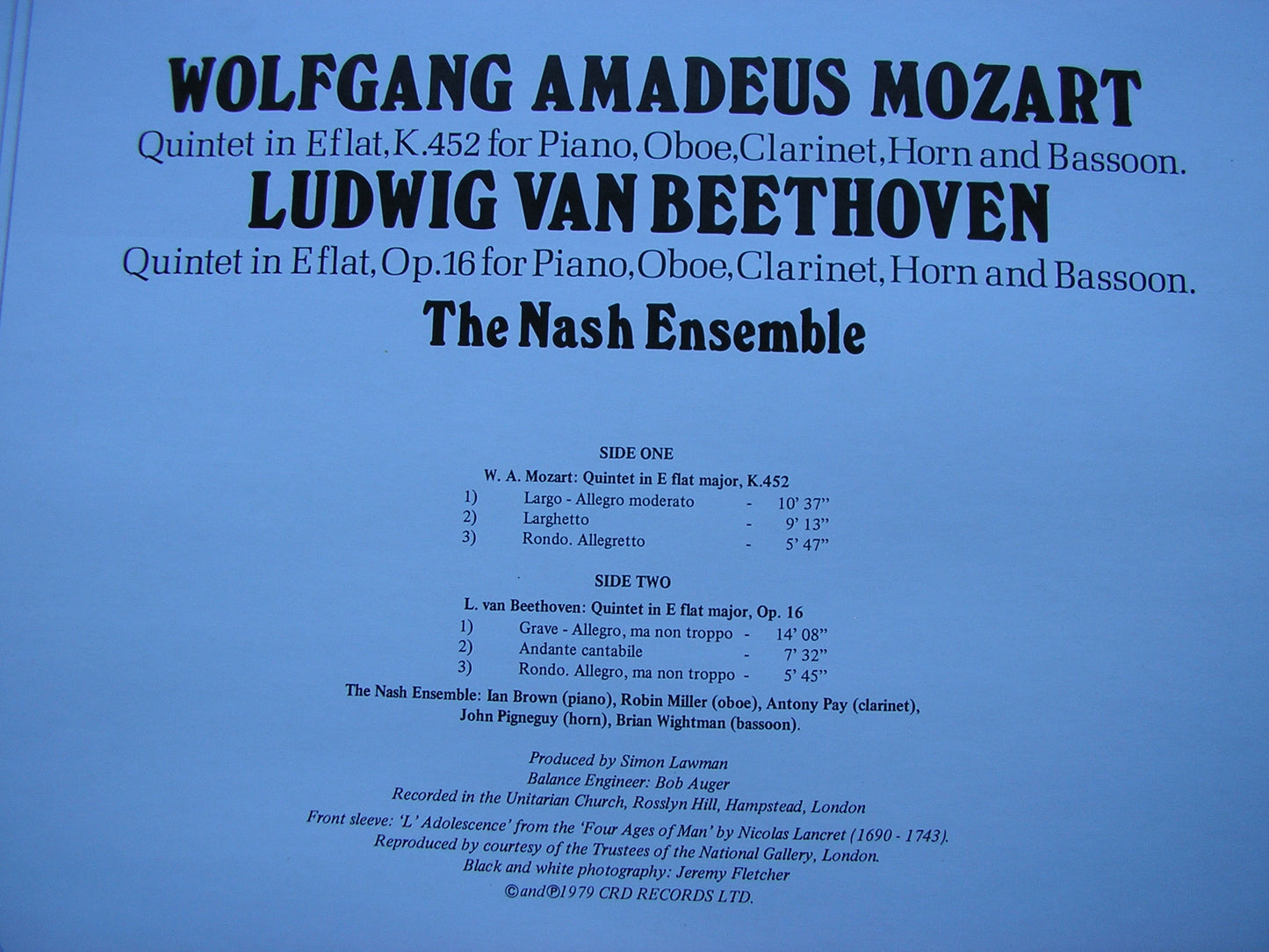 MOZART: QUINTET in E K452 / BEETHOVEN: QUINTET in E Op. 16 THE NASH ENSEMBLE CRD 1067