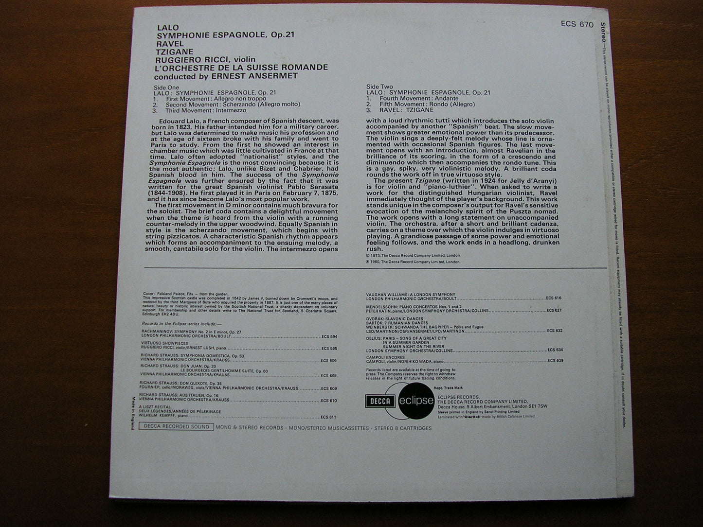 LALO: SYMPHONIE ESPAGNOLE / RAVEL: TZIGANE    RICCI / SUISSE ROMANDE / ANSERMET    ECS 670