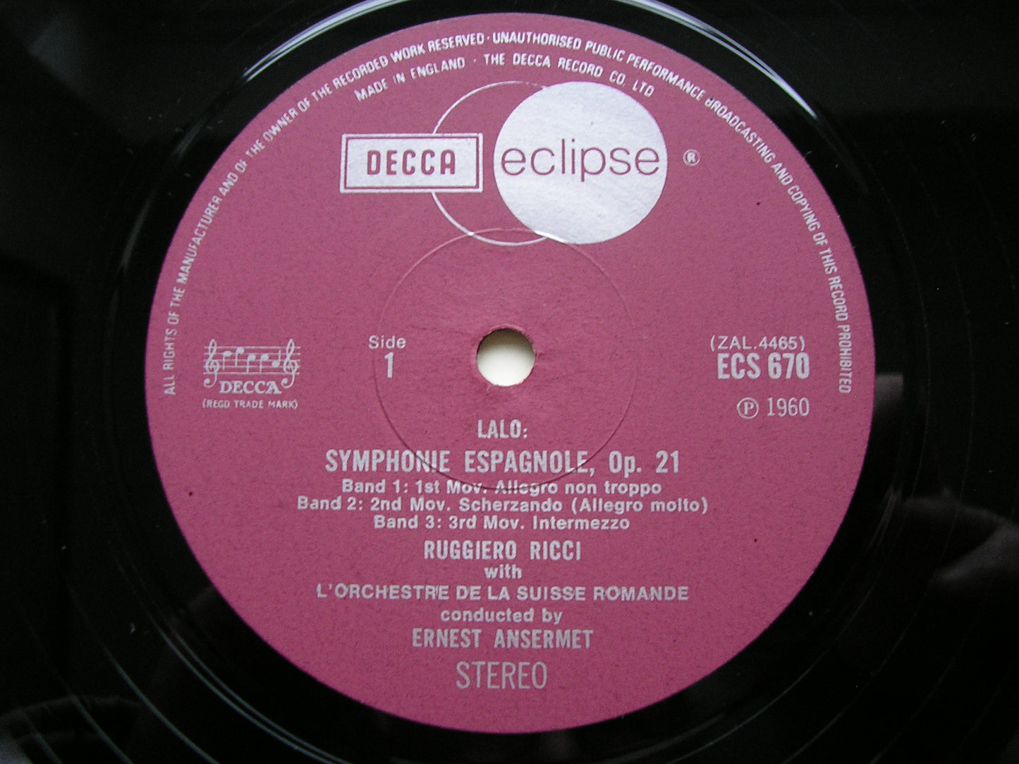 LALO: SYMPHONIE ESPAGNOLE / RAVEL: TZIGANE    RICCI / SUISSE ROMANDE / ANSERMET    ECS 670