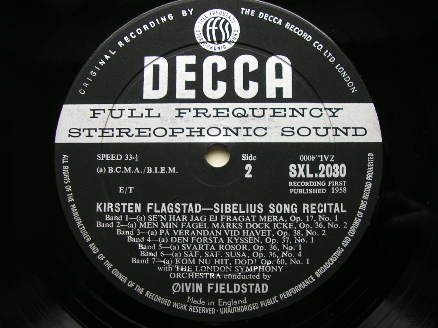 SIBELIUS SONG RECITAL   KIRSTEN FLAGTAD / LONDON SYMPHONY / OIVIN FJELSTAD    SXL 2030