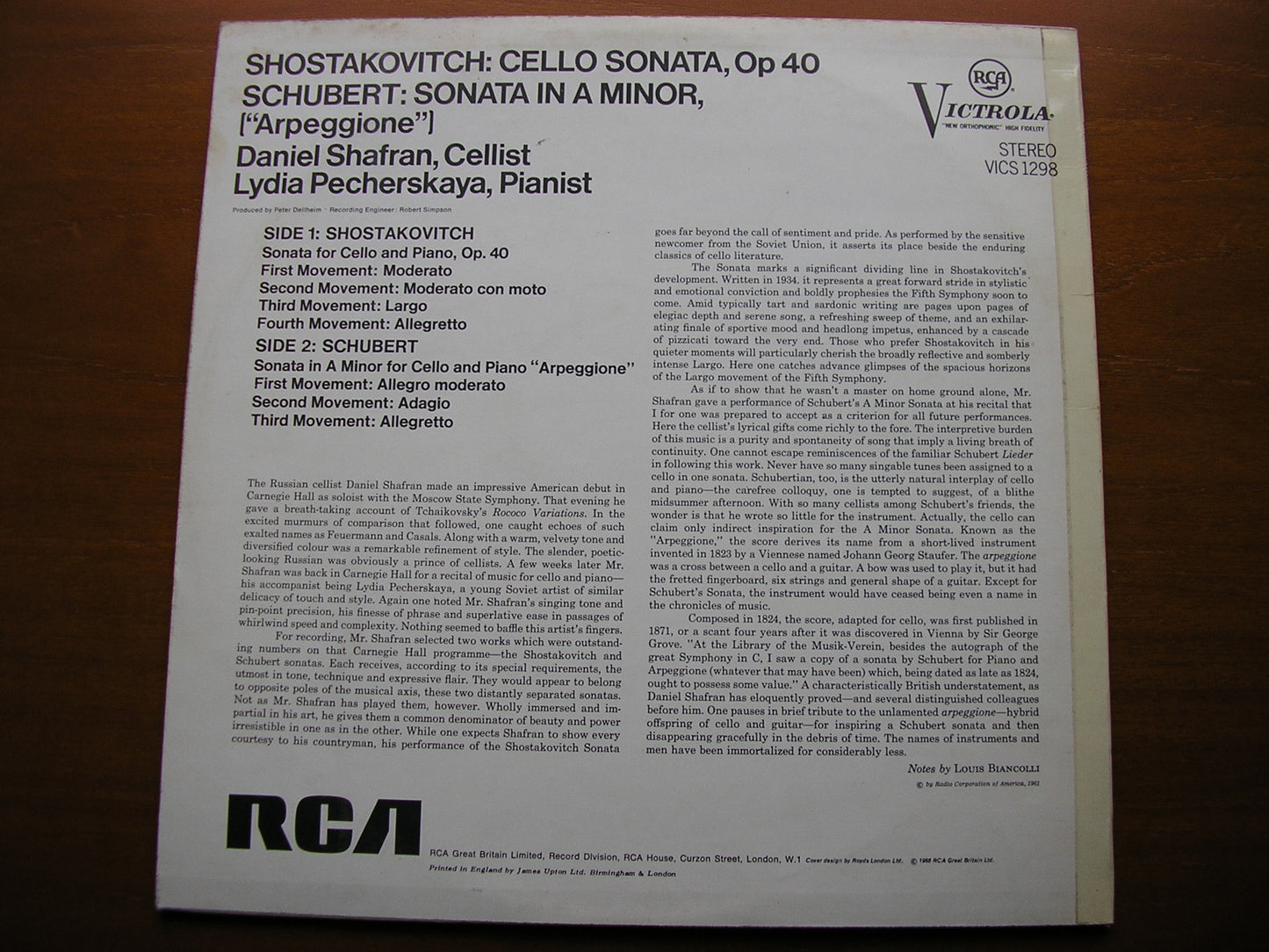 SCHUBERT: ARPEGGIONE SONATA / SHOSTAKOVICH: CELLO SONATA SHAFRAN / PECHERSKAYA VICS 1298