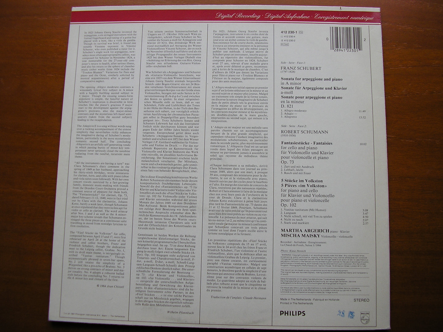 SCHUBERT: ARPEGGIONE SONATA / SCHUMANN: FANTASIESTUCKE MARTHA ARGERICH / MISCHA MAISKY 412 230
